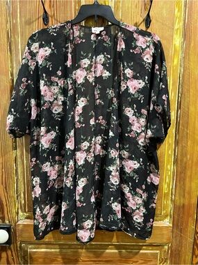 Women’s Black Floral Open Kimono with Pink Rose Print